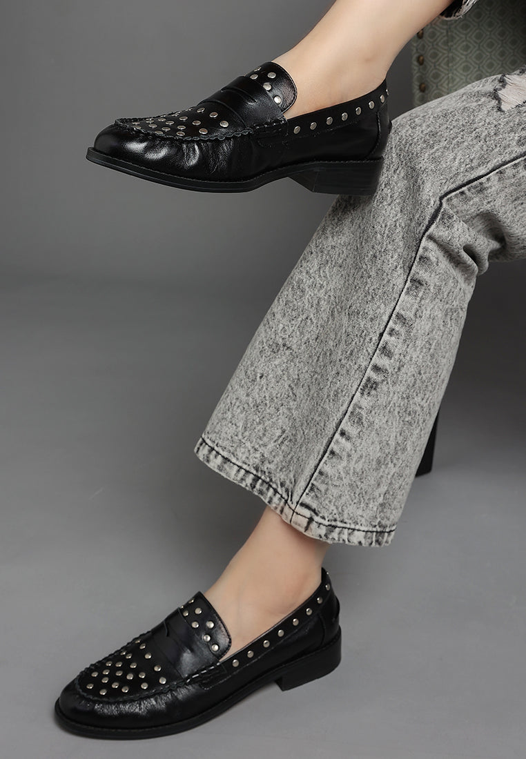 Oglavia Studs Embellished Leather Loafers - Tigbul's Variety Fashion Shop