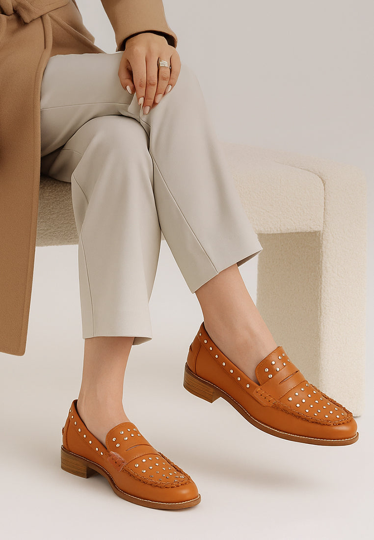 Oglavia Studs Embellished Leather Loafers - Tigbul's Variety Fashion Shop
