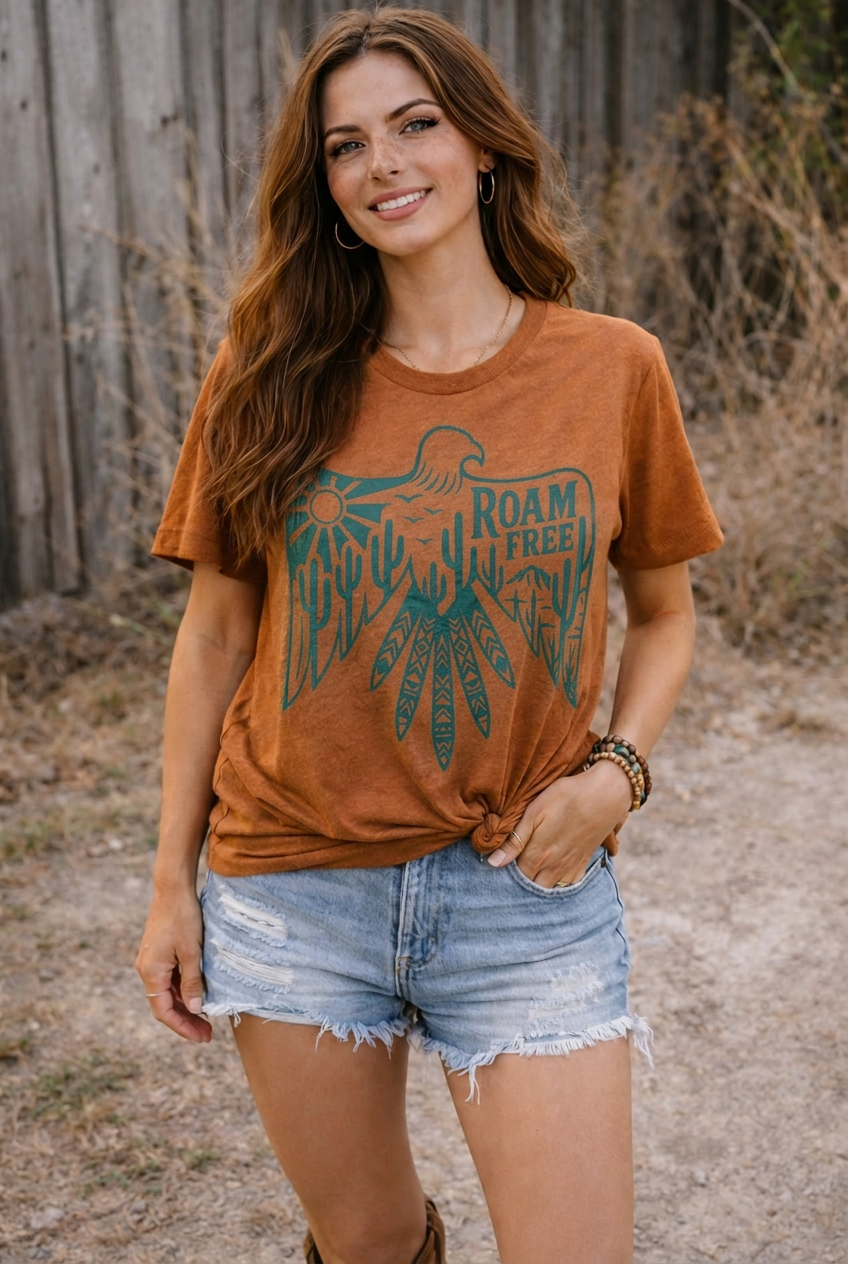 Woman wearing a brown t-shirt with a graphic design and text, standing outdoors.