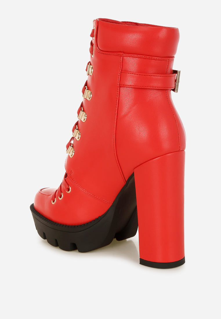 Willow Combat Boot in Red leather-look with lace-up and gold-tone buckles