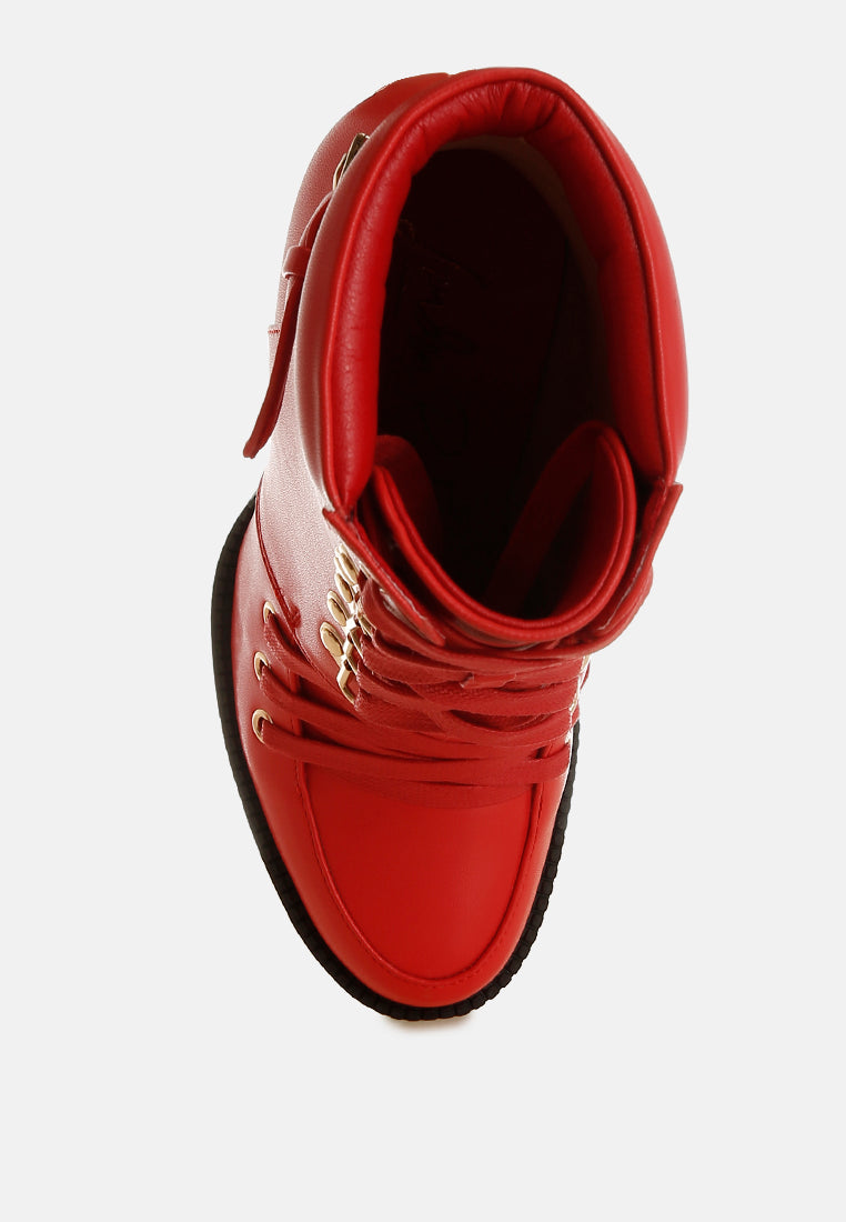 Red lace-up combat boot with padded collar and stitched leather-look lining