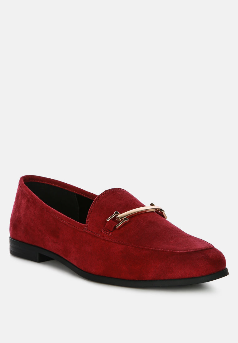 Zaara faux-suede loafers in Burgundy/Red, angled side view with slip-on design