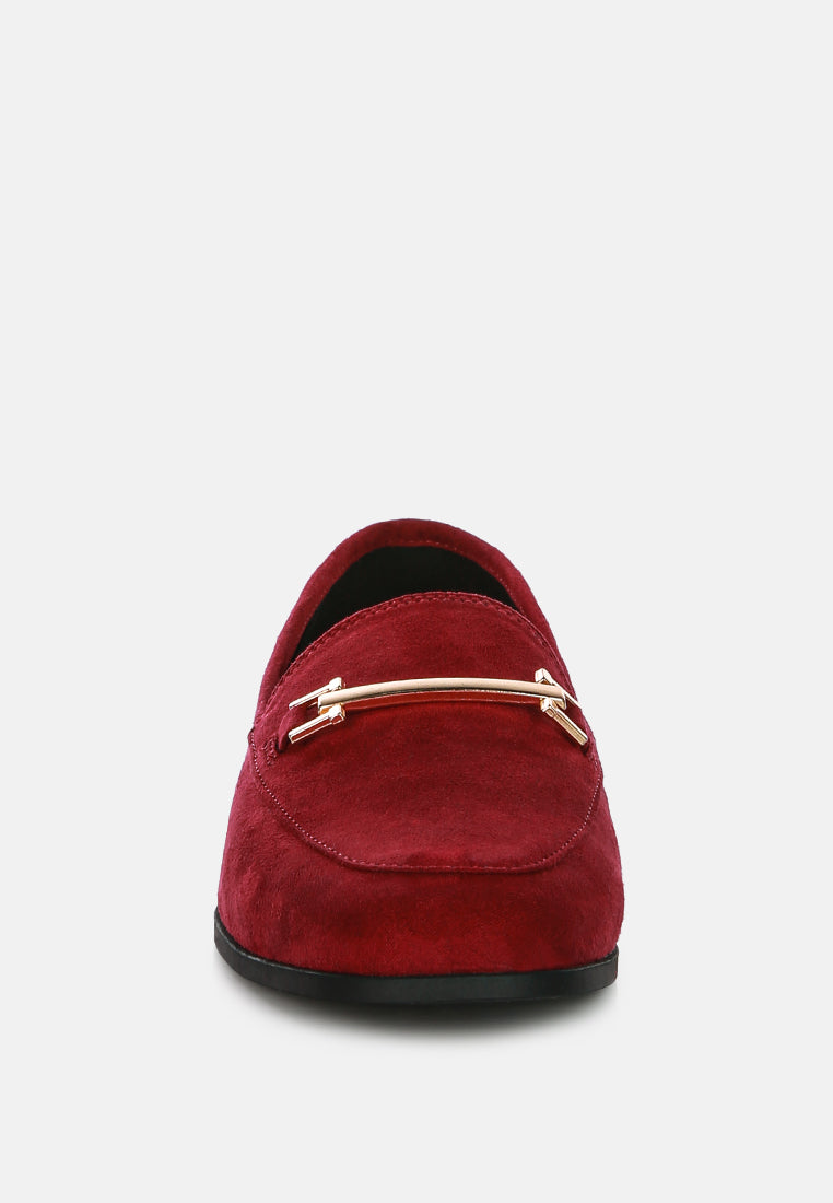Zaara faux-suede loafers in Burgundy/Red, rear view showing low-profile outsole