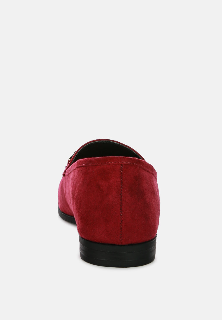 Zaara faux-suede loafers in Burgundy/Red, back view with stacked block heel