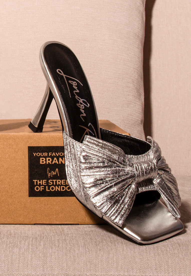 Silver high-heel bow slide sandal with knotted front detail and open toe