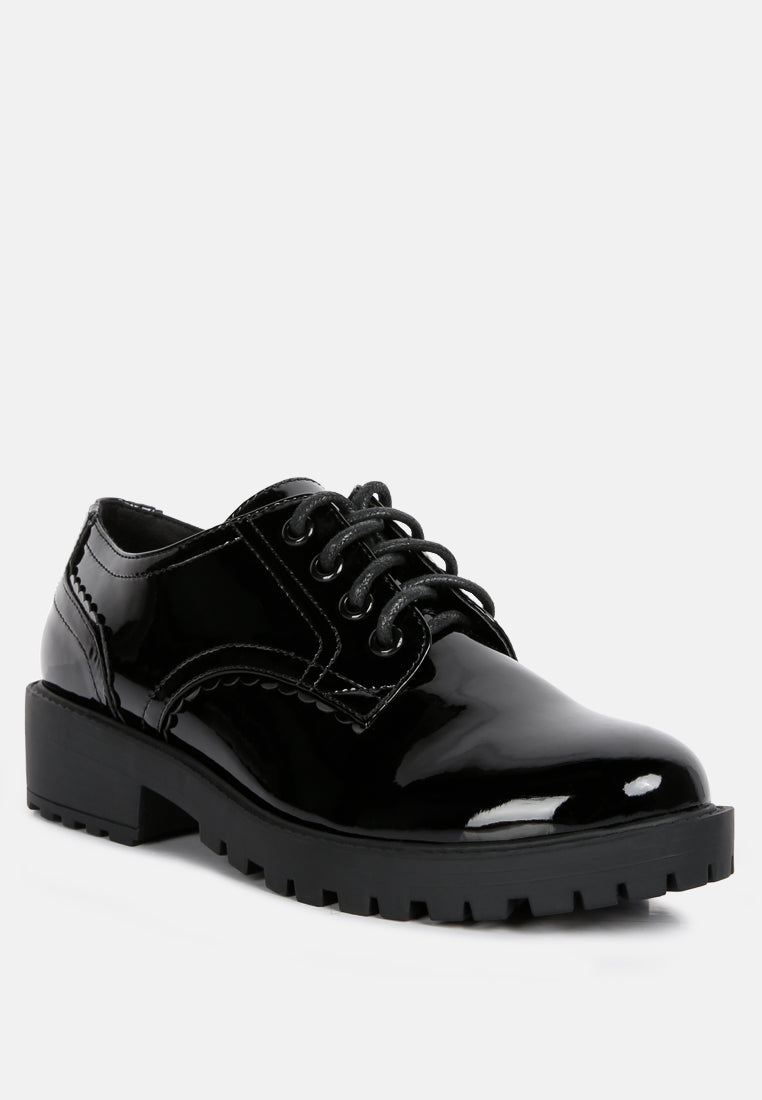 Black patent derby shoes, lace-up front with side panel stitching