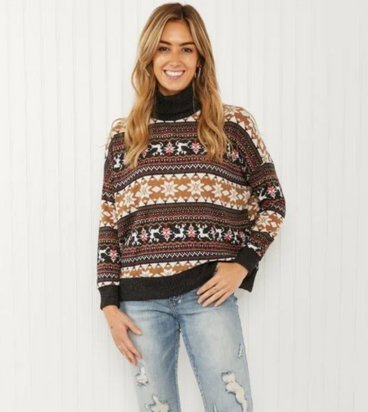 Brown Winter Print Lightweight Turtleneck Sweater | Tigbuls