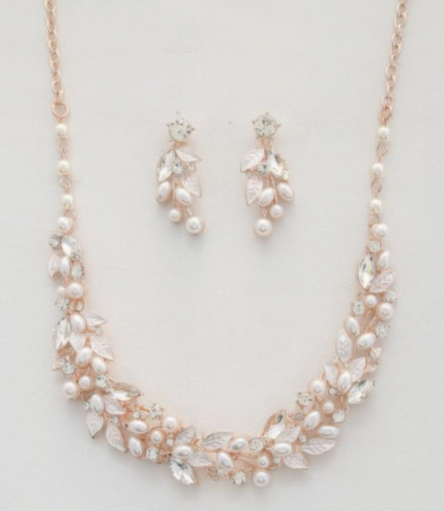 Leaf Pattern Pearl Crystal Necklace and Earring Set | Tigbuls Variety Fashion