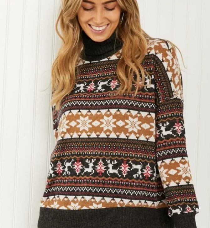 Brown Winter Print Lightweight Turtleneck Sweater | Tigbuls