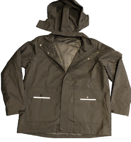 Dark lightweight windbreaker jacket with hood, front zipper, and chest snap pockets