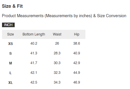 Size & Fit chart: bottom length and waist/hip measurements by size (inches)