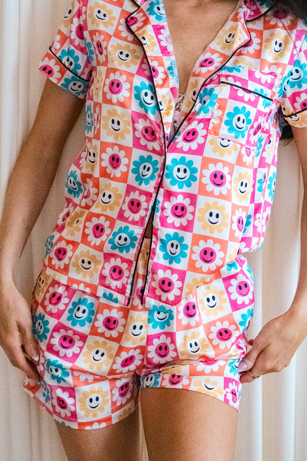 Smiley Daisy Satin Pajamas - Tigbul's Variety Fashion Shop