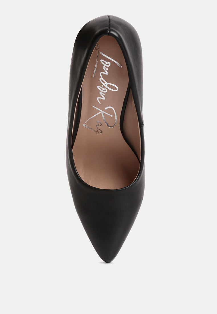 Black faux leather pointed-toe pumps with open interior lining, front view