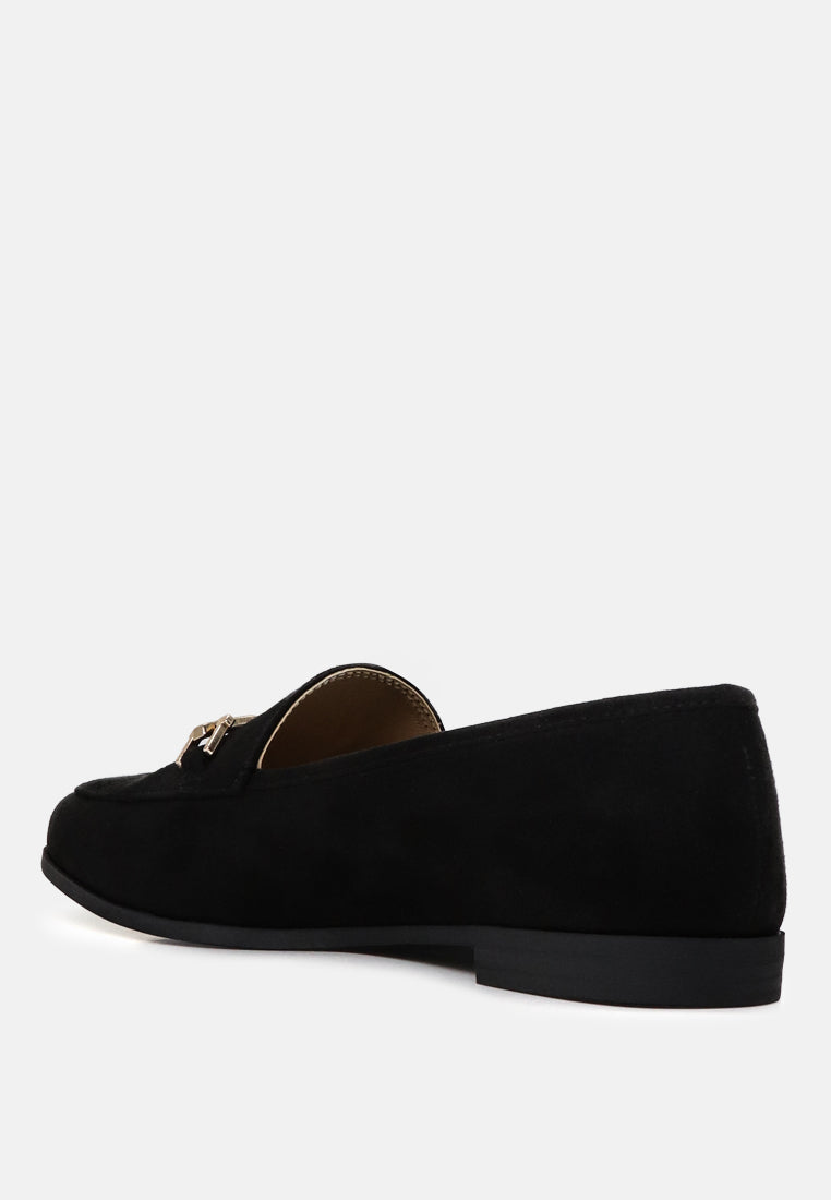 Black faux suede loafer, heel side view with metal strap detail and low sole