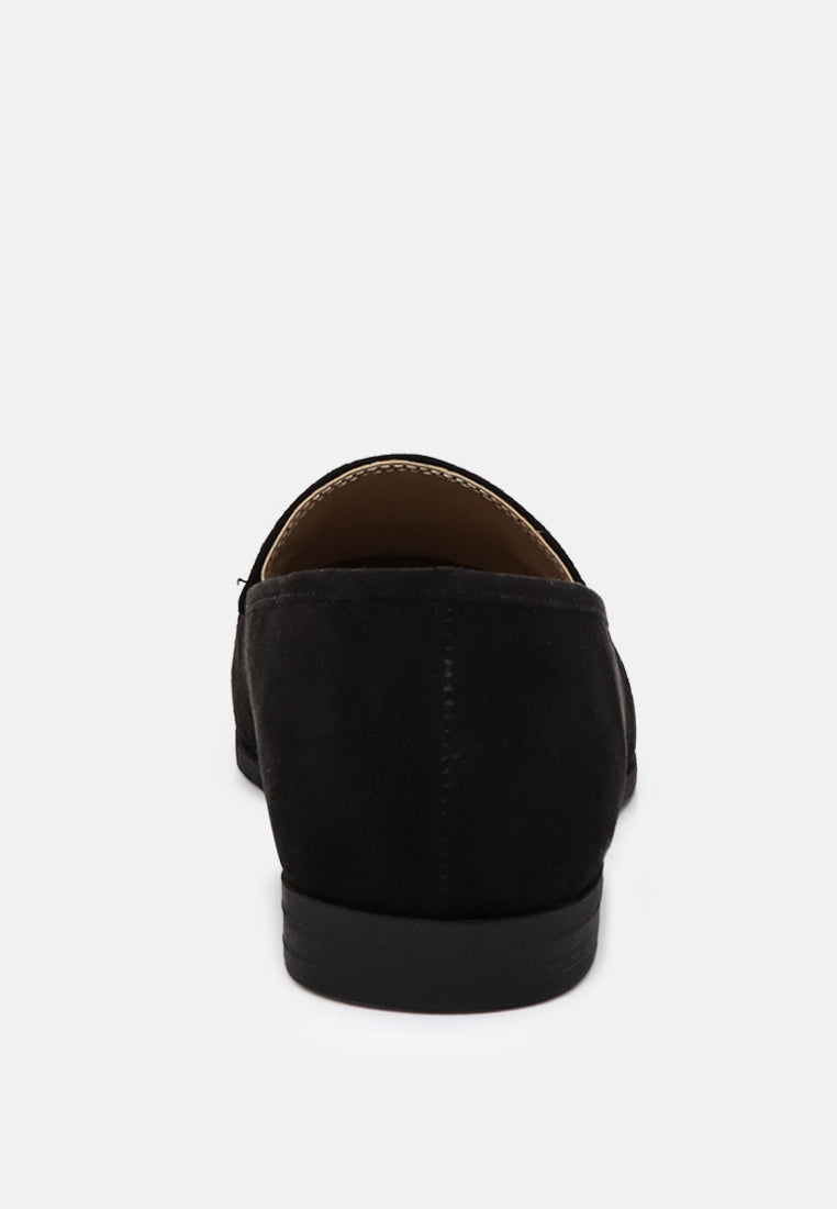 Black faux suede loafer, back view with smooth heel counter and stitched opening