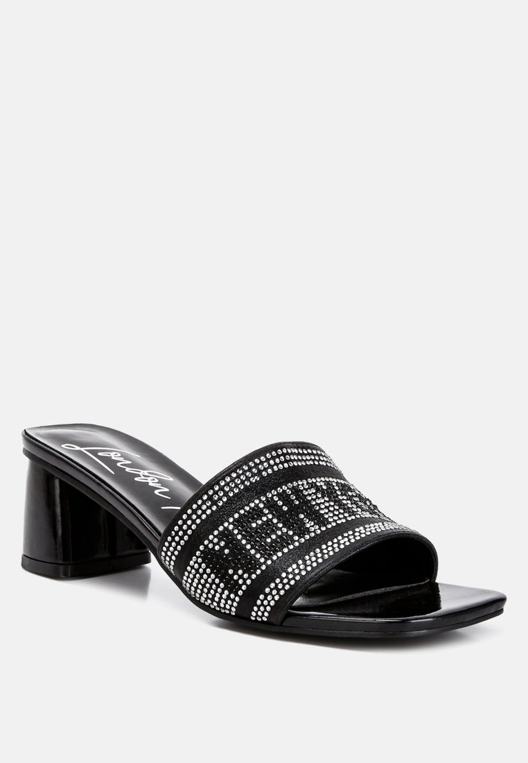 Studio 55 Black slide sandals, open square toe, rhinestone geometric band