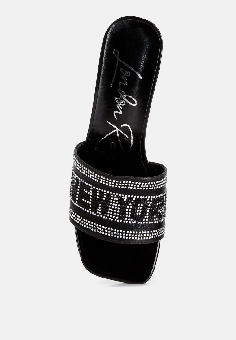 Studio 55 Black slide sandals with rhinestone band across footbed