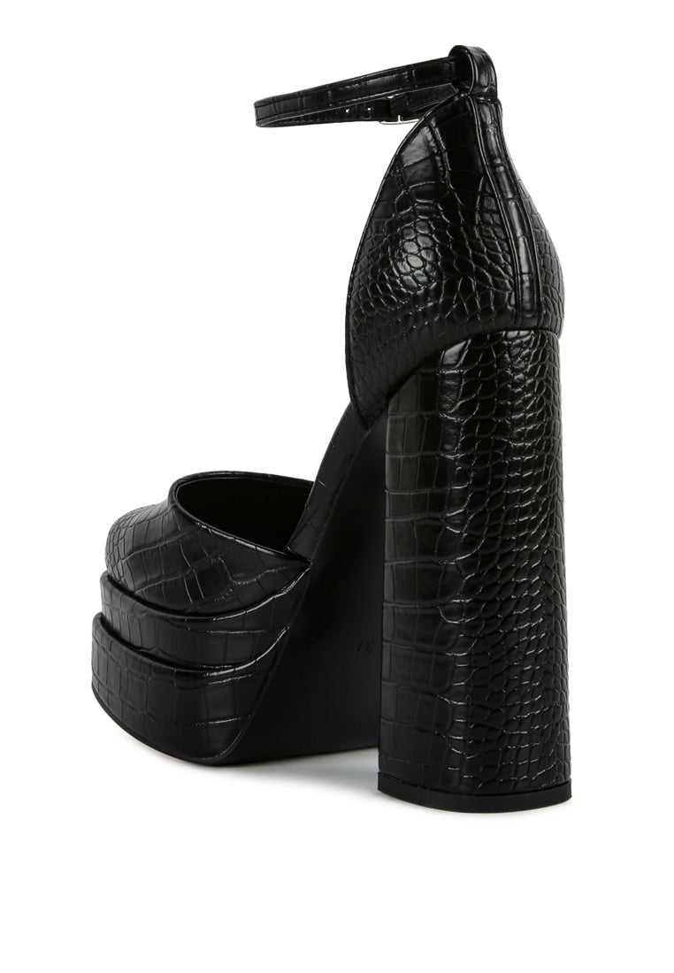 Black croc-textured high block heel sandal, ankle strap and platform sole