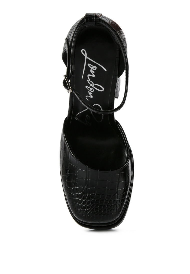Black croc-textured high block heel sandals with ankle strap, open toe