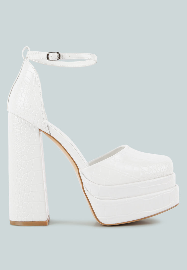 Tempt Me croc-textured high block heel sandals, white, ankle strap, platform sole