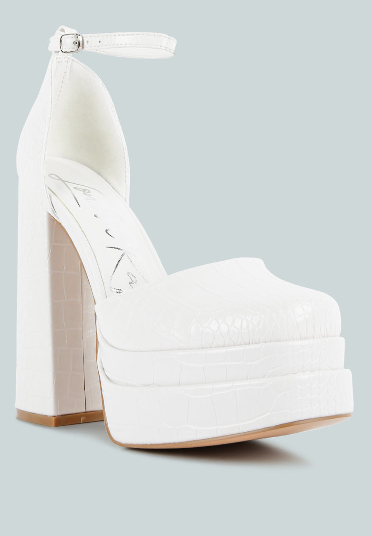 White croc-textured high block heel sandals, ankle strap and thick platform