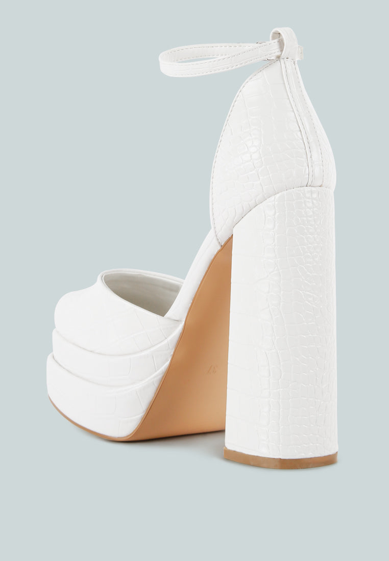 White croc-textured platform sandal with tall block heel and ankle strap