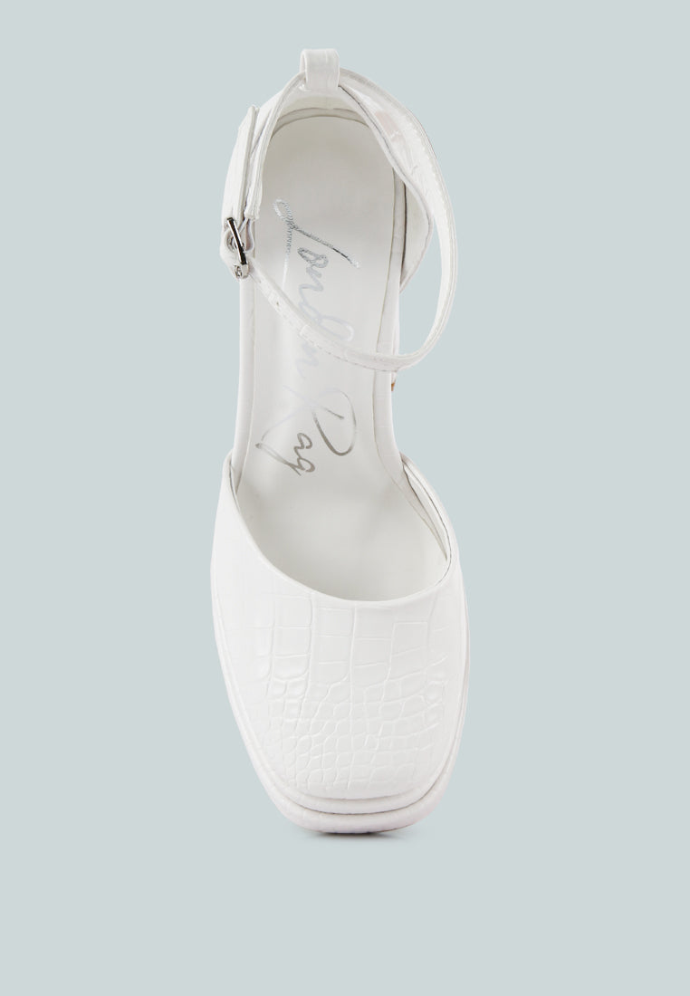 White croc-textured slingback platform sandal, open top and ankle strap