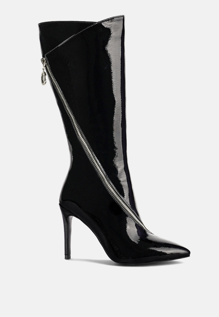 Black zip-around calf boot with stiletto heel and side zipper.