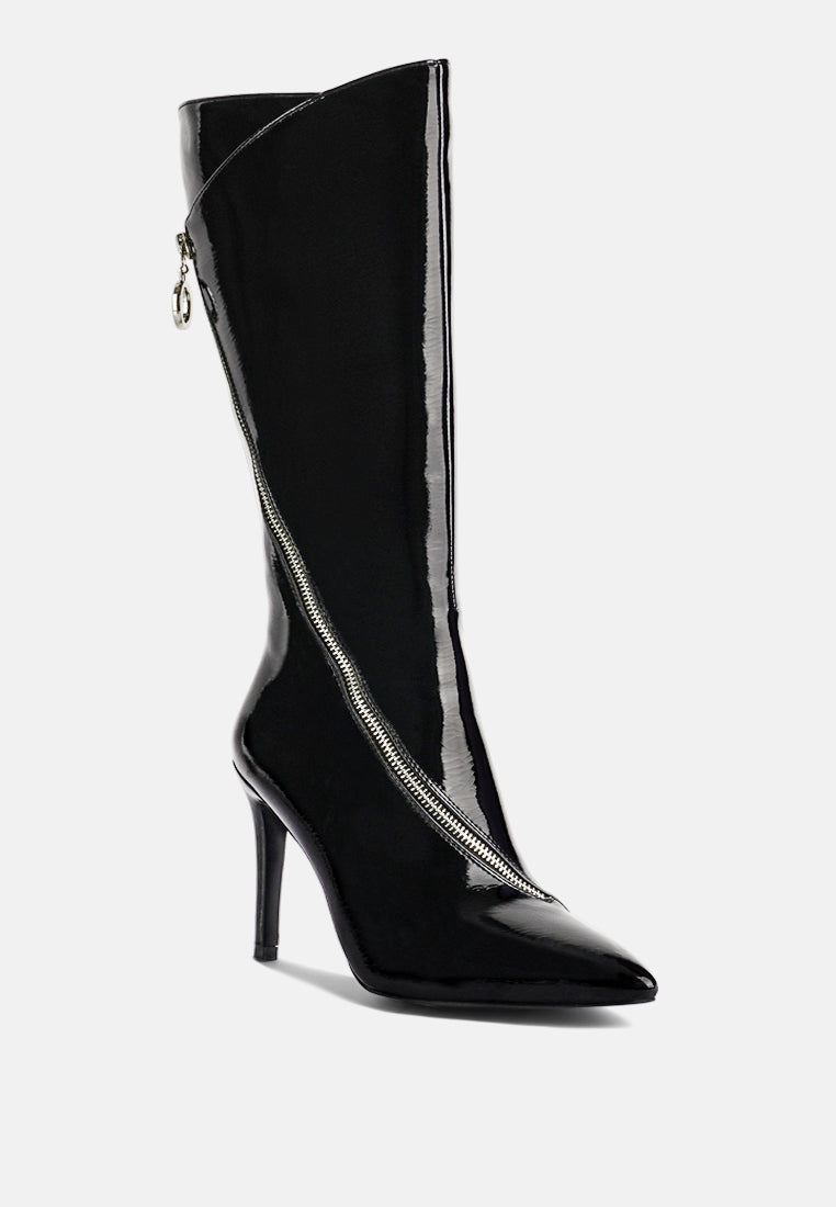 Black glossy calf boot with diagonal side zip and pointed toe.