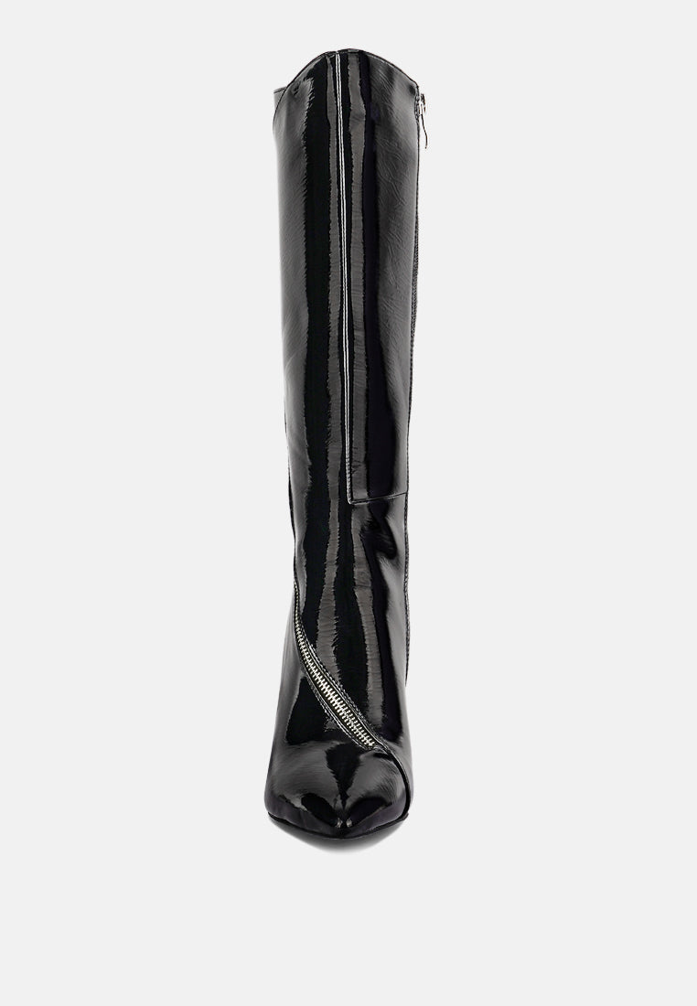Black glossy calf boot rear view with side zipper and slim heel.