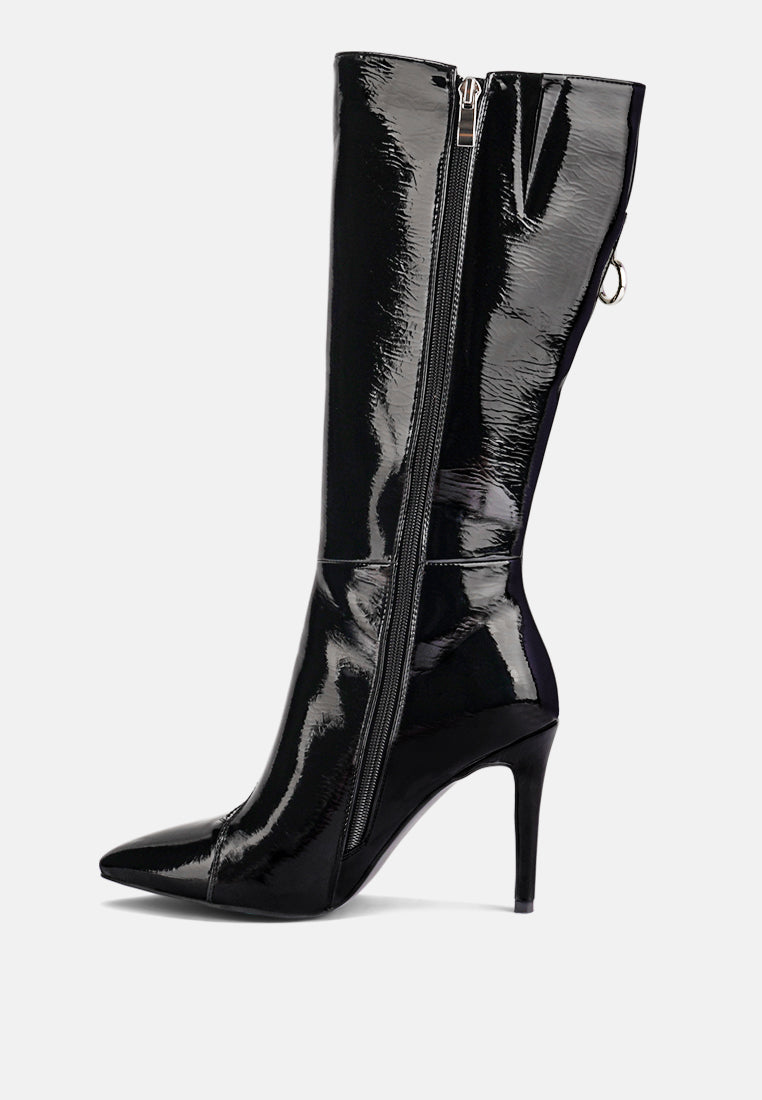 Black patent calf boots with side zipper and stiletto heel.
