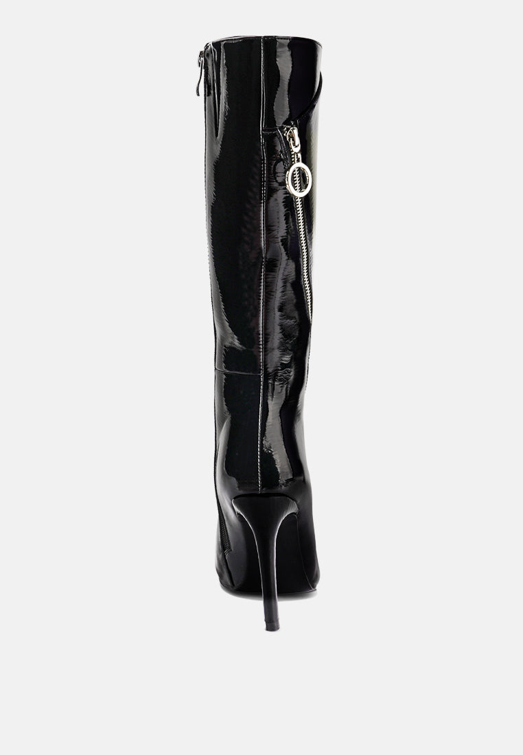 Black patent calf boot back view, side zipper and stiletto heel.