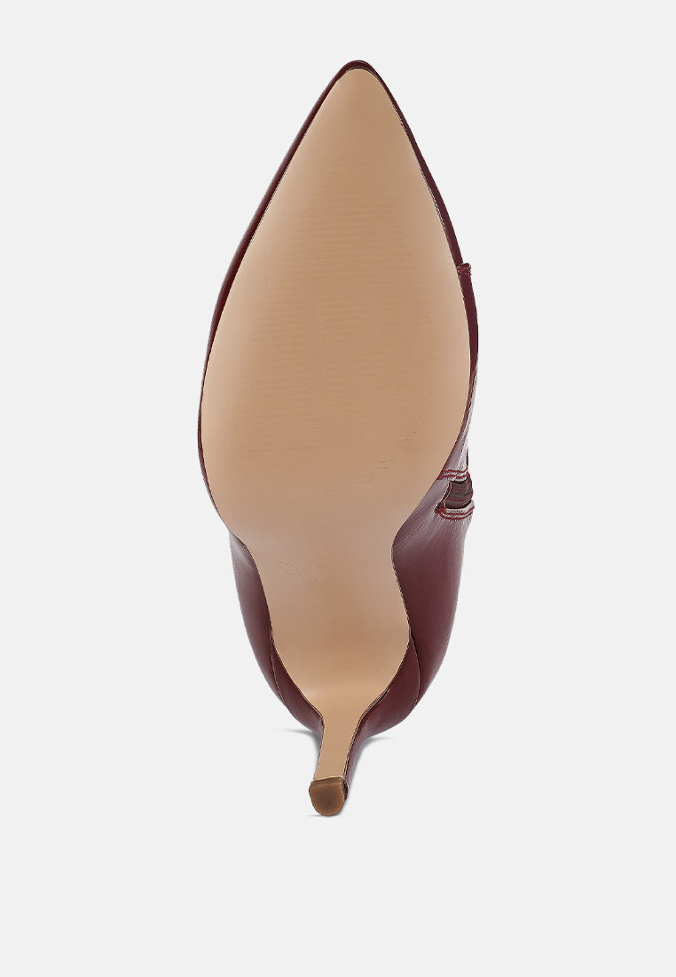 Tan patent pointed-toe zip-around calf boot with slim stiletto heel