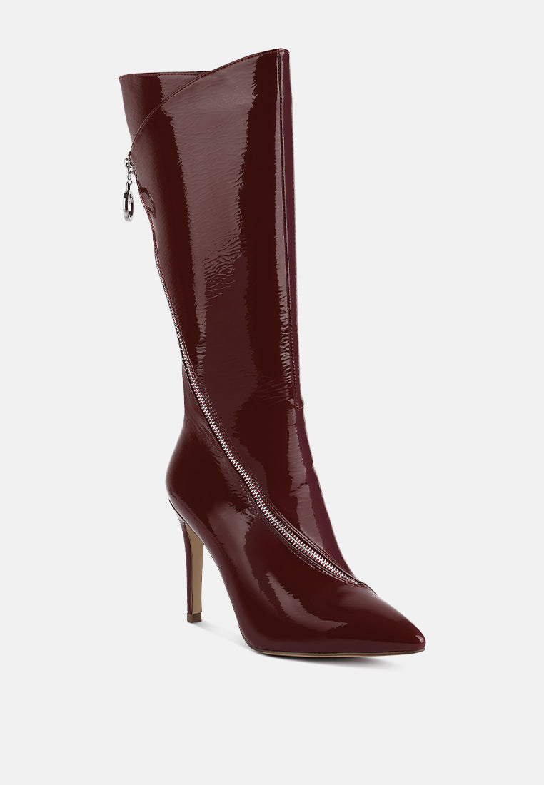 Burgundy patent zip-around calf boot with pointed toe and slim heel