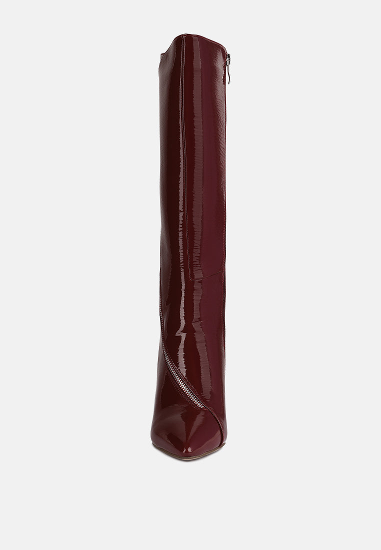 Burgundy patent calf boot, back view with tapered heel and ankle-high shaft