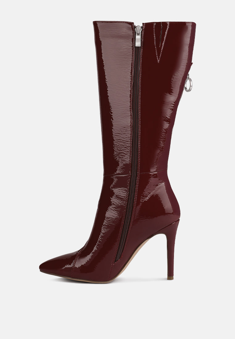 Burgundy zip-around calf boot with vertical zipper and metal zipper ring detail