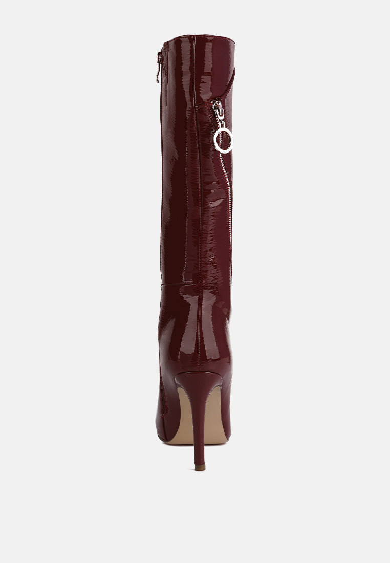 Burgundy patent calf boot, rear view with slim stiletto heel and zipper pull