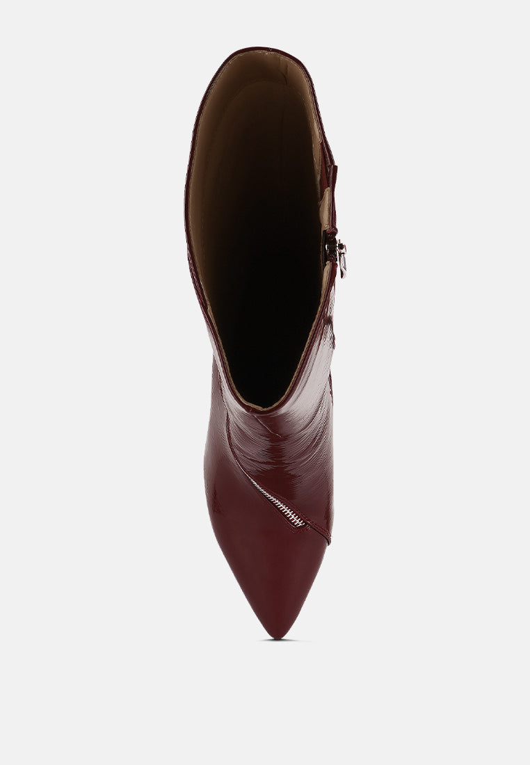 Burgundy patent pointed-toe boot with side zipper and stiletto heel