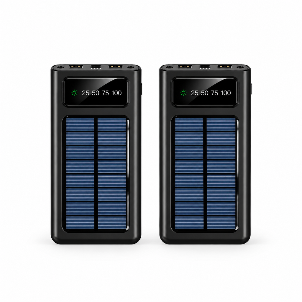 2-Pack LED Portable SolarSync Power Banks – Solar Charging, Multi-Port Connectivity & Built-In Flashlight