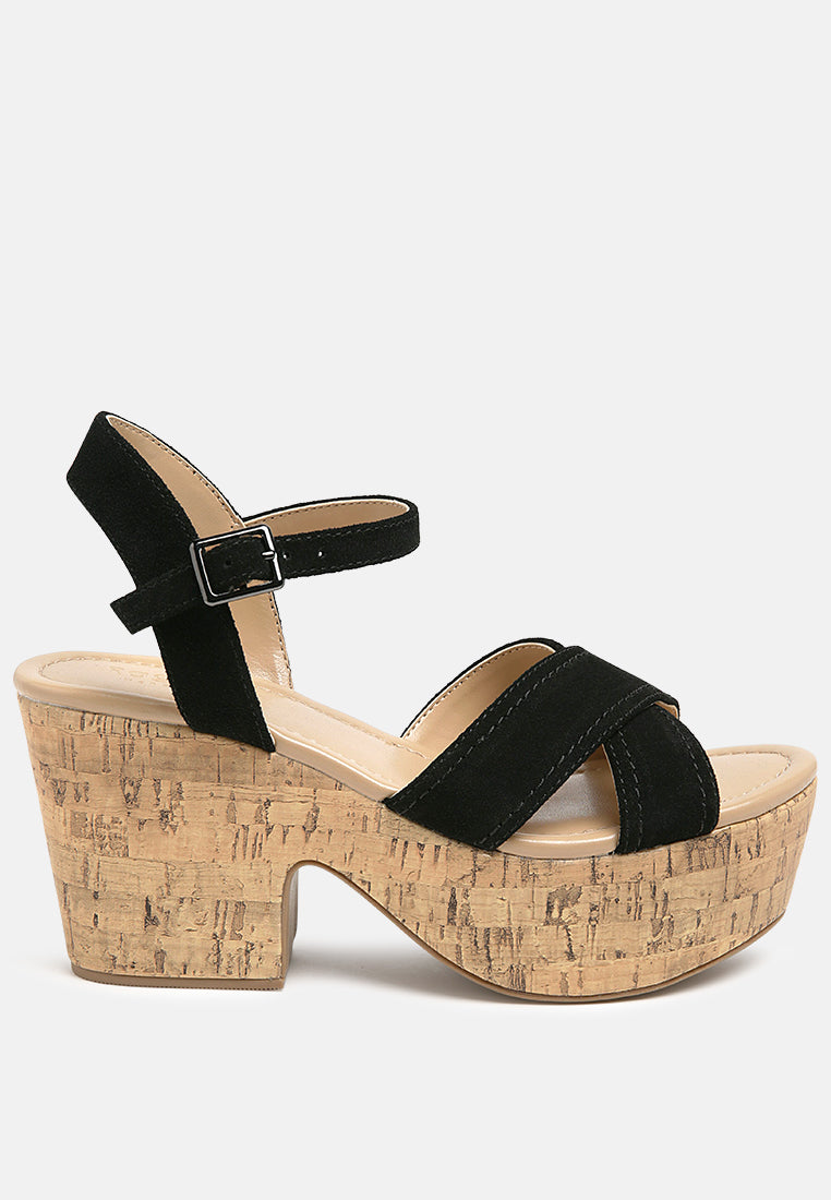 Ulla High heeled block sandal in black with ankle buckle and cork-look platform