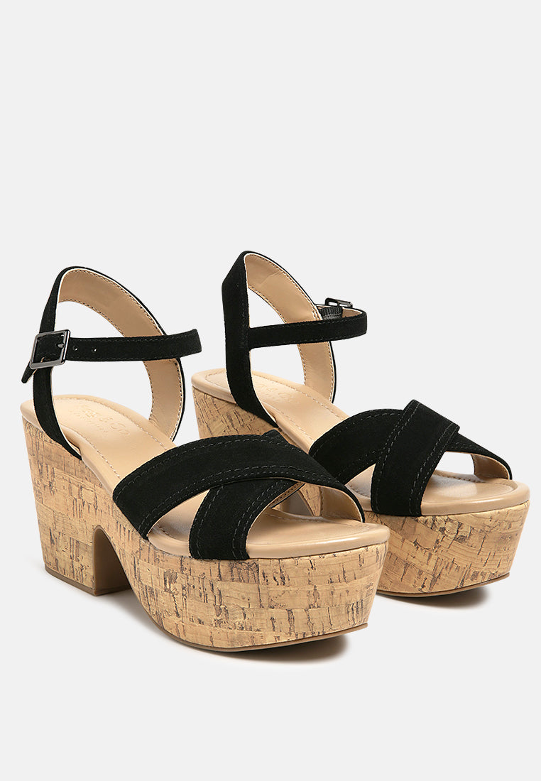 Black Ulla block heel sandals with crisscross straps and adjustable ankle buckle