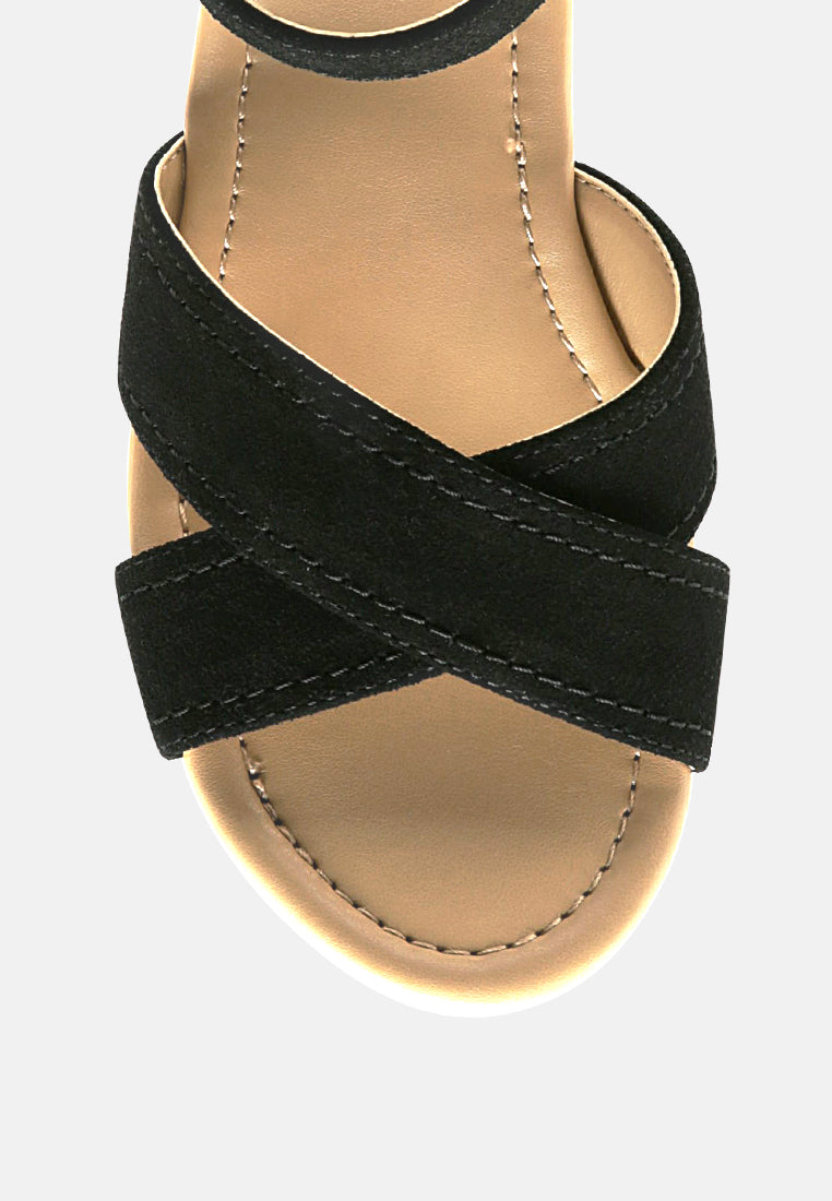 Close-up of black crisscross sandal straps with stitched toe-loop and ankle band