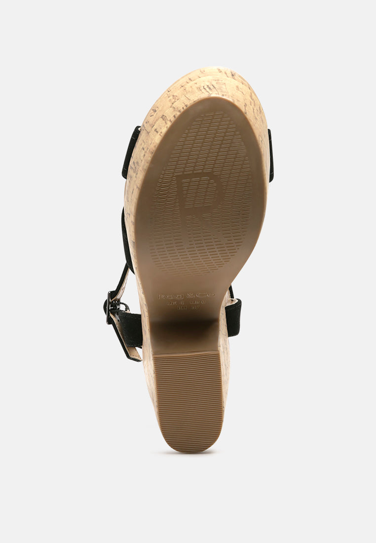 Black sandal heel view with cork-textured platform and ankle strap hardware
