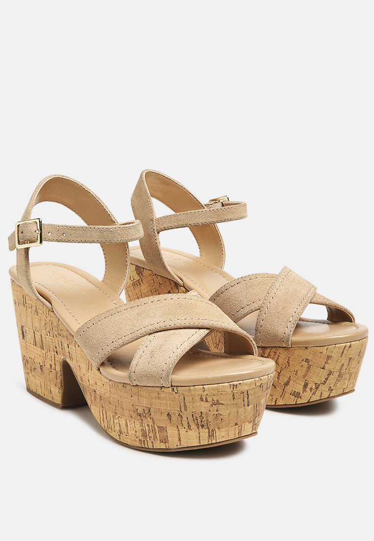 Nude platform block heel sandals with two wide straps and adjustable buckle
