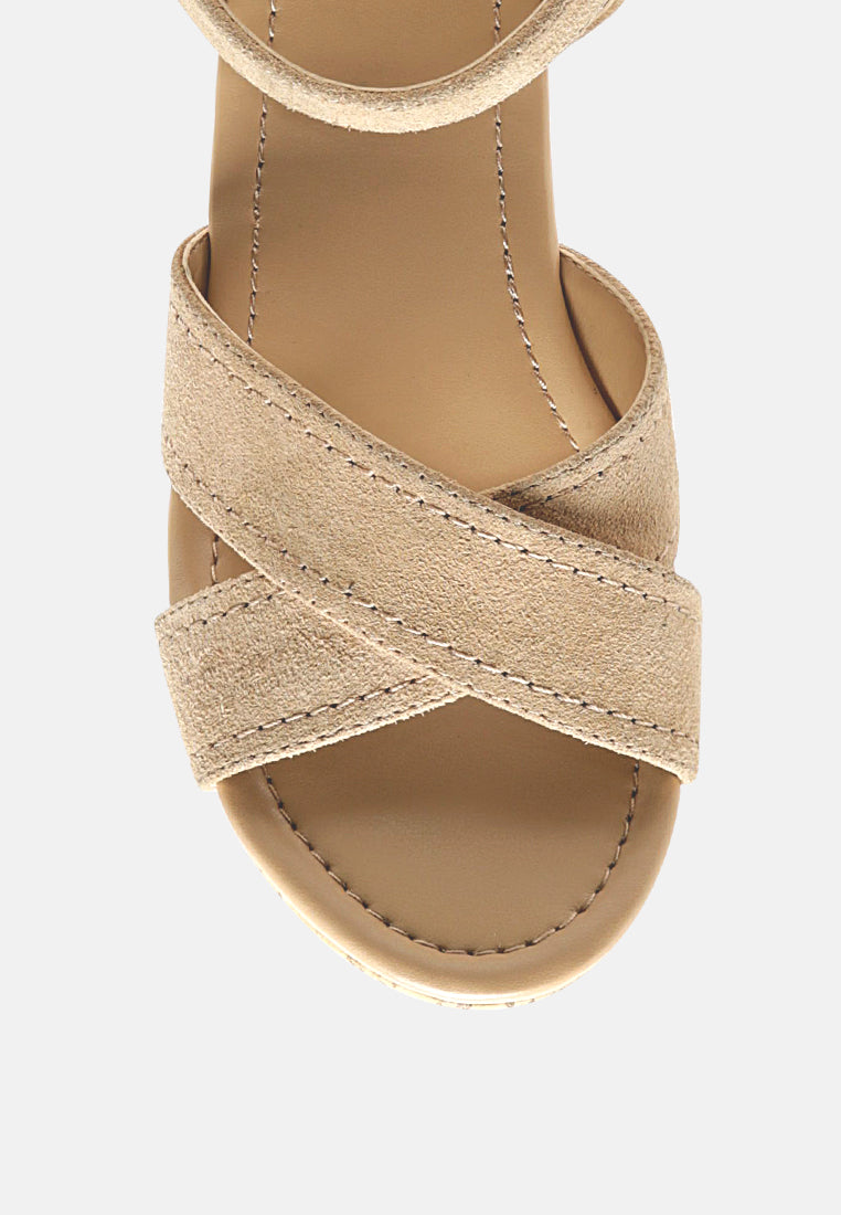 Ulla high heeled block sandal in nude with ankle strap and stitched straps