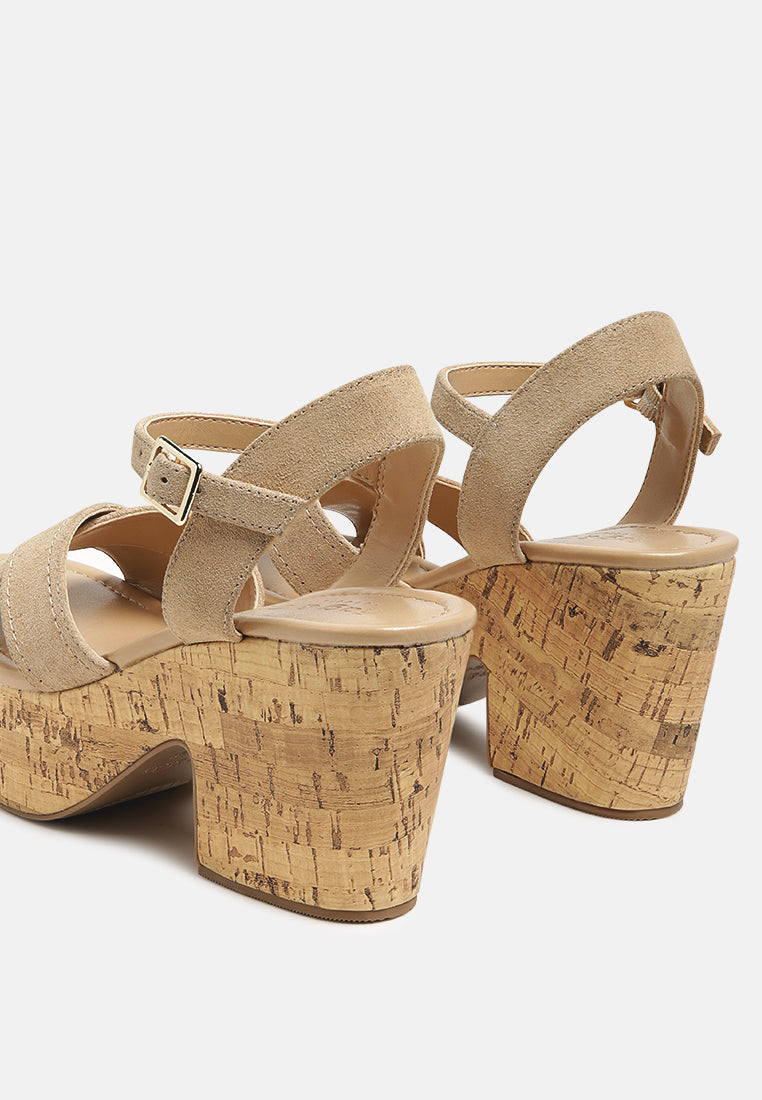 Rear view of nude block-heel sandals with cork-look platform and ankle strap buckle