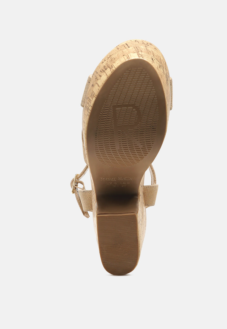 Nude high block heeled sandal outsole view with ankle strap