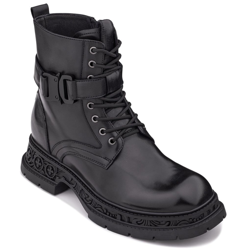 TOTO - W0661 - 3.2 Inches Taller (Black) - Chunky Sole Biker Style High Top Zipper Boot - Tigbul's Variety Fashion Shop