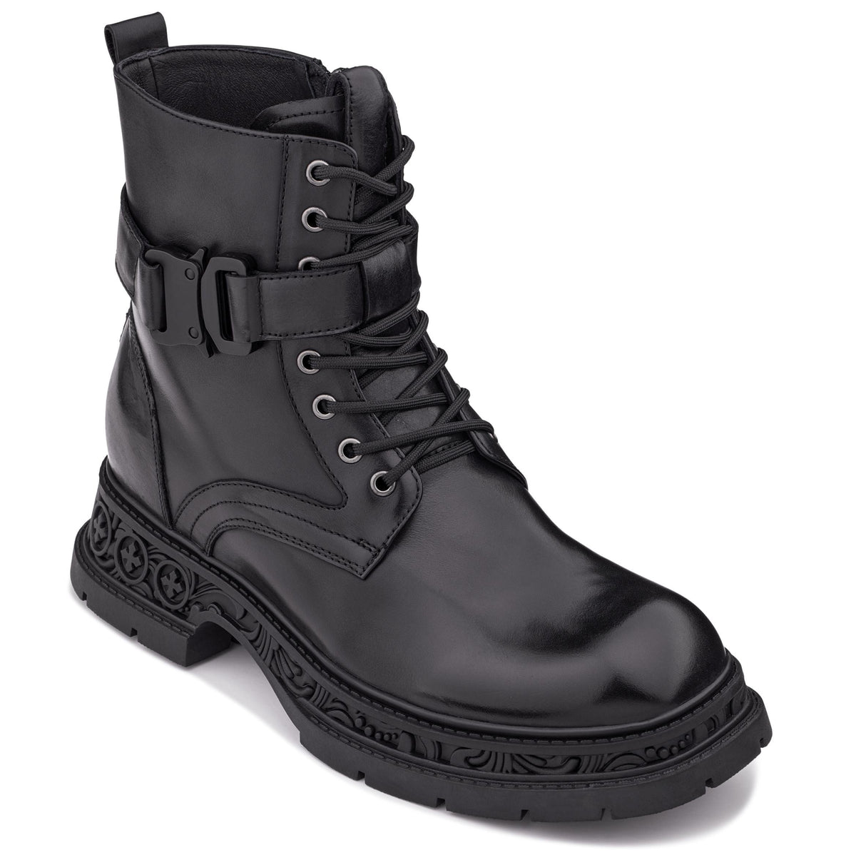 TOTO - W0661 - 3.2 Inches Taller (Black) - Chunky Sole Biker Style High Top Zipper Boot - Tigbul's Variety Fashion Shop