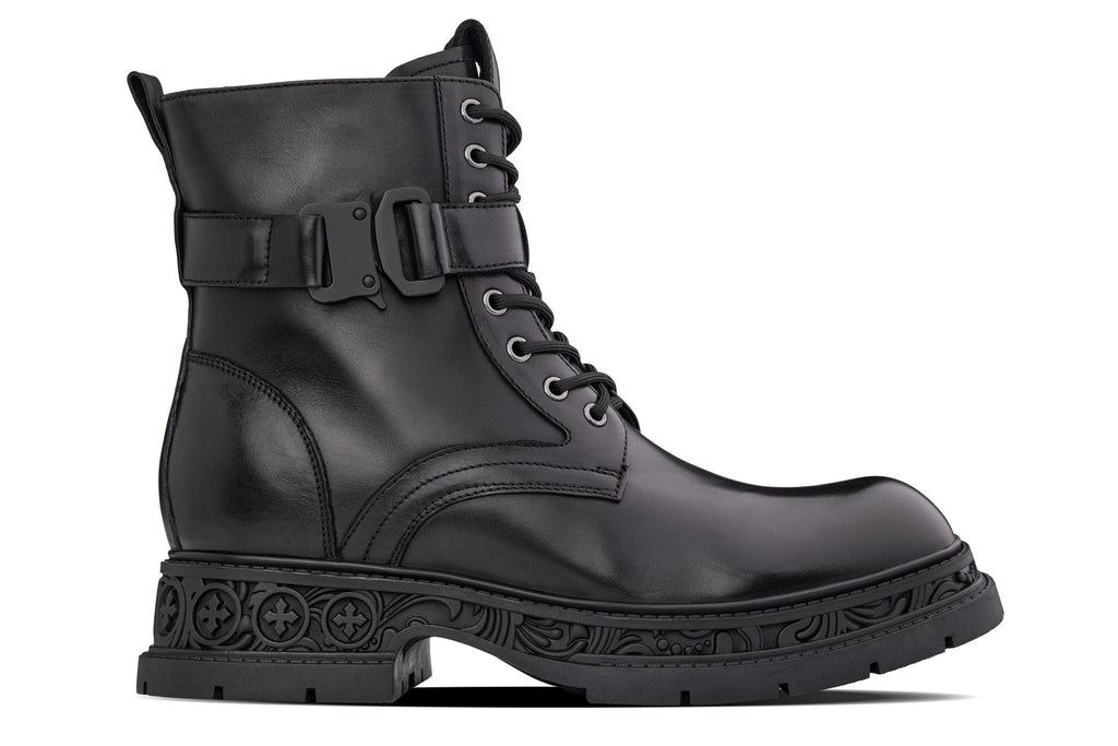 TOTO - W0661 - 3.2 Inches Taller (Black) - Chunky Sole Biker Style High Top Zipper Boot - Tigbul's Variety Fashion Shop